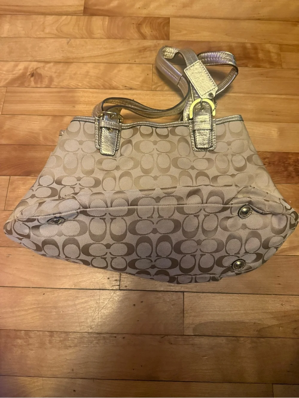 Coach Beige Signature Shoulder Tote with Metallic Gold Trim